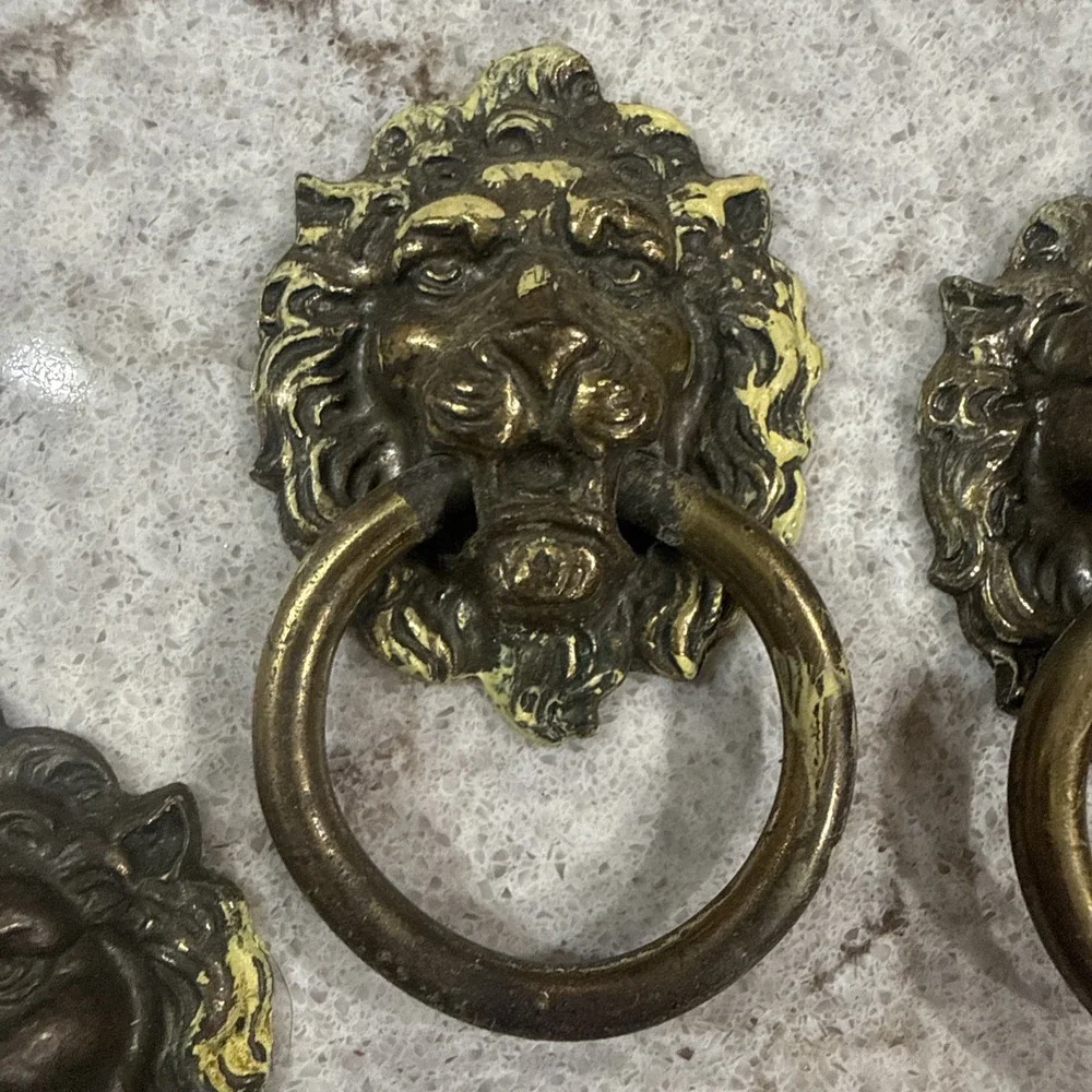 6 Vintage Brass Lion Head Dresser Chest Drawer Knob Cabinet Pull Patina 3D READ